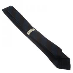 Pre Owned Burberry Blue and Brown Striped Wool and Silk Tie