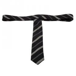 Pre Owned Burberry Black and Grey Striped Silk Tie