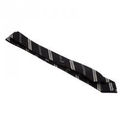 Pre Owned Burberry Black and Grey Striped Silk Tie