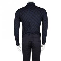 Pre Owned Burberry London Deep Teal Blue Geometric Printed Long Sleeve Cotton Shirt S