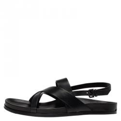 Burberry Black Leather Albans Cross Strap Sandals Size 46