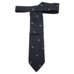 Pre Owned Burberry Dark Blue Polka Dot Logo Silk Tie