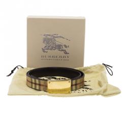 Pre Owned Burberry Beige Classic Check Coated Canvas Barnsfield Plaque Belt 75CM