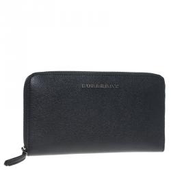 Burberry Black Pebbled Leather Zip Around Wallet
