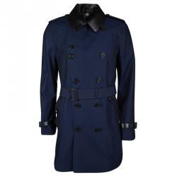 Pre Owned Burberry London Two Tone Leather Trim Detail Double Breasted Belted Trench Coat L