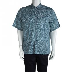 Pre Owned Burberry Brit Blue Cotton Floral Printed Short Sleeve Button Front Shirt XXL