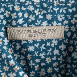 Pre Owned Burberry Brit Blue Cotton Floral Printed Short Sleeve Button Front Shirt XXL