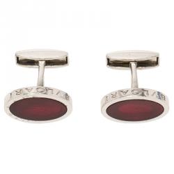 Bvlgari Red Enamel Guilloché Engraved Silver Cufflinks