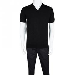 Pre Owned Carven Black Patterned Jacquard Knit Short Sleeve V-Neck Top L