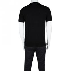 Pre Owned Carven Black Patterned Jacquard Knit Short Sleeve V-Neck Top L