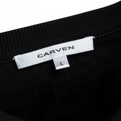 Pre Owned Carven Black Patterned Jacquard Knit Short Sleeve V-Neck Top L