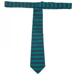 Pre Owned CH Carolina Herrera Green and Navy Blue Striped Silk Tie
