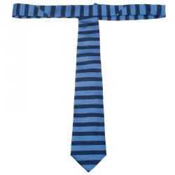 Pre Owned CH Carolina Herrera Light Blue and Navy Blue Striped Silk Tie