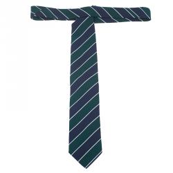 Pre Owned CH Carolina Herrera Green and Navy Blue Striped Silk and Wool Tie