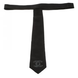 Pre Owned Chanel Black Logo Embroidered Silk Traditional Tie