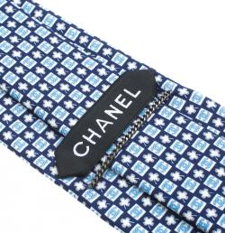 Chanel Navy Blue CC And Clover Printed Silk Tie
