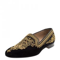 Pre Owned حذاء سليبرز كريستيان لوبوتان ميمونيا سموكينج سويدي مطرز حبل أسود مقاس 44.5