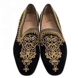 Pre Owned حذاء سليبرز كريستيان لوبوتان ميمونيا سموكينج سويدي مطرز حبل أسود مقاس 44.5