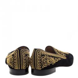 Pre Owned حذاء سليبرز كريستيان لوبوتان ميمونيا سموكينج سويدي مطرز حبل أسود مقاس 44.5