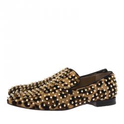 Pre Owned Christian Louboutin Leopard Calf Hair Spike Rollerboy Slip-On Size 42.5