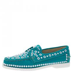 Christian Louboutin Turquoise Spike Leather Yacht Loafers Size 41.5