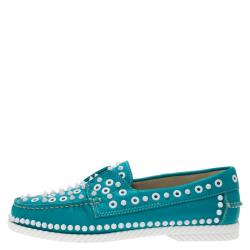 Christian Louboutin Turquoise Spike Leather Yacht Loafers Size 41.5