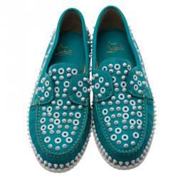 Christian Louboutin Turquoise Spike Leather Yacht Loafers Size 41.5