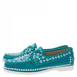 Christian Louboutin Turquoise Spike Leather Yacht Loafers Size 41.5