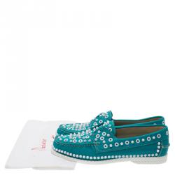 Christian Louboutin Turquoise Spike Leather Yacht Loafers Size 41.5