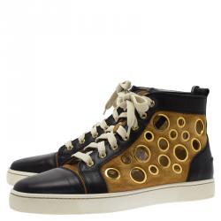  Christian Louboutin Black Leather and Brown Suede Mika On Stage High Top Sneakers Size 43