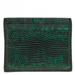 Pre Owned Christian Louboutin Green Lizard Embossed Leather Kios Card Holder