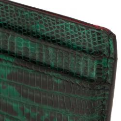 Pre Owned Christian Louboutin Green Lizard Embossed Leather Kios Card Holder