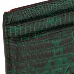 Pre Owned Christian Louboutin Green Lizard Embossed Leather Kios Card Holder