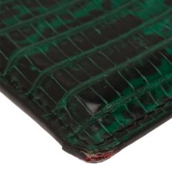 Pre Owned Christian Louboutin Green Lizard Embossed Leather Kios Card Holder