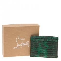 Pre Owned Christian Louboutin Green Lizard Embossed Leather Kios Card Holder