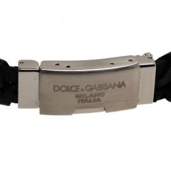 Dolce & Gabbana Woven Black Leather Silver Tone Bracelet Size L