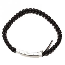 Dolce & Gabbana Woven Black Leather Silver Tone Bracelet Size L