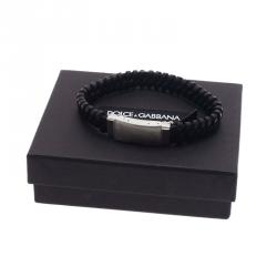 Dolce & Gabbana Woven Black Leather Silver Tone Bracelet Size L