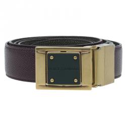 Pre Owned Dolce and Gabbana Burgundy and Green Logo Plaque Reversible Belt 110CM