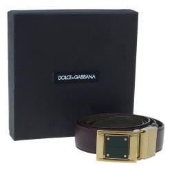 Pre Owned Dolce and Gabbana Burgundy and Green Logo Plaque Reversible Belt 110CM