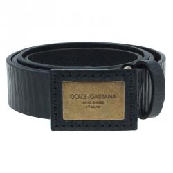 Pre Owned Dolce and Gabbana Black Leather Logo Plaque Belt 100CM