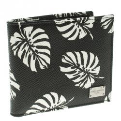 Dolce and Gabbana Black Leaf print Leather Bifold Wallet