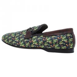 Pre Owned Dolce and Gabbana Brown Leather and Tomato Printed Canvas Amalfi Slip-Ons Size 43.5