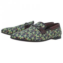 Pre Owned Dolce and Gabbana Brown Leather and Tomato Printed Canvas Amalfi Slip-Ons Size 43.5