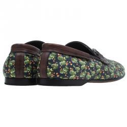 Pre Owned Dolce and Gabbana Brown Leather and Tomato Printed Canvas Amalfi Slip-Ons Size 43.5