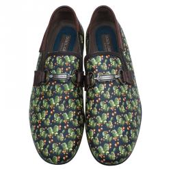 Pre Owned Dolce and Gabbana Brown Leather and Tomato Printed Canvas Amalfi Slip-Ons Size 43.5