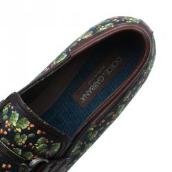 Pre Owned Dolce and Gabbana Brown Leather and Tomato Printed Canvas Amalfi Slip-Ons Size 43.5