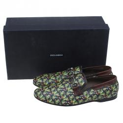 Pre Owned Dolce and Gabbana Brown Leather and Tomato Printed Canvas Amalfi Slip-Ons Size 43.5