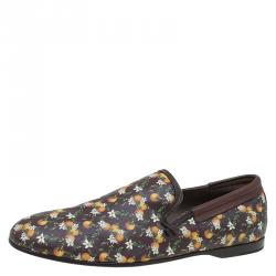 Pre Owned Dolce and Gabbana Brown Leather and Orange Print Canvas Amalfi Slip On Size 43