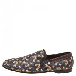 Pre Owned Dolce and Gabbana Brown Leather and Orange Print Canvas Amalfi Slip On Size 43